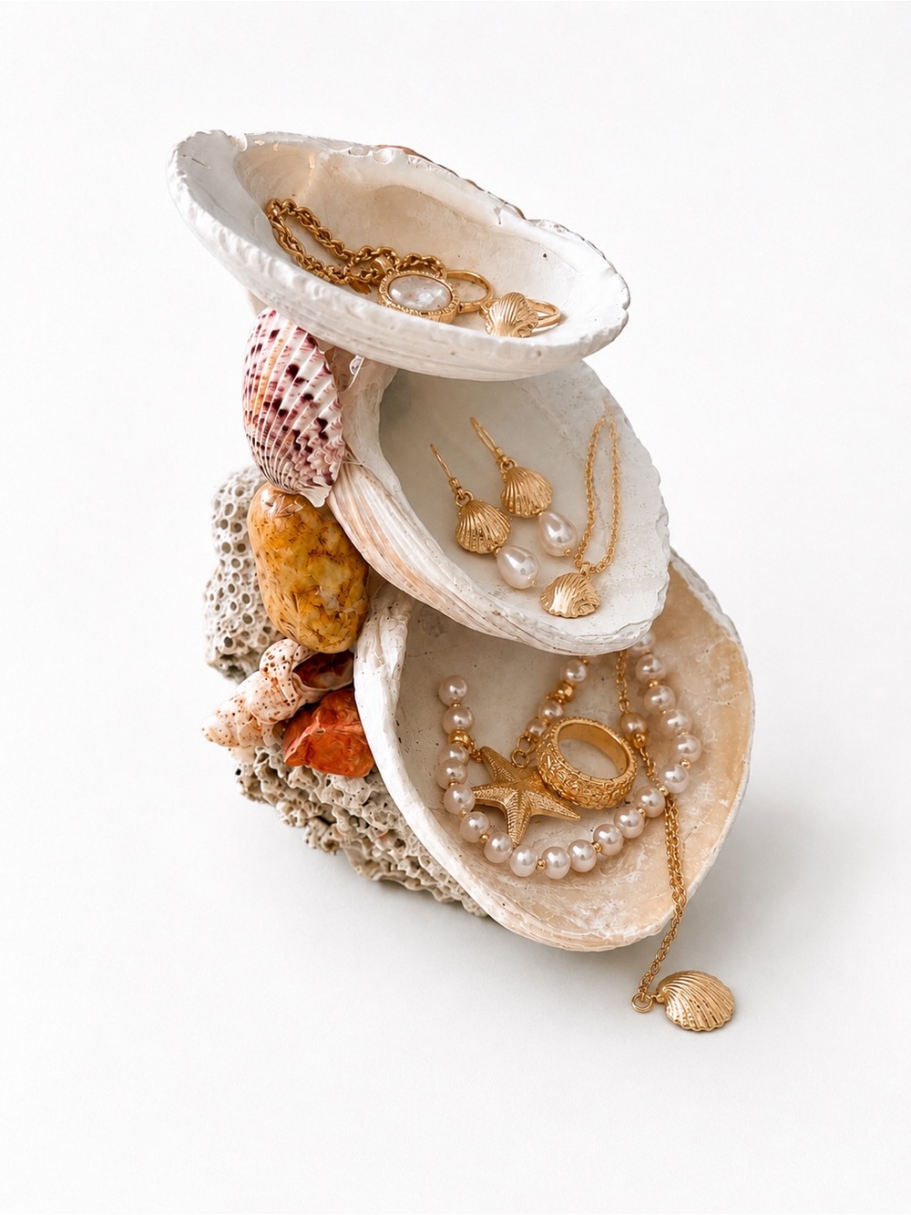 Handmade Natural Sea Shell & Coral Reef Layered Jewelry Organizer | Trinket Dish
